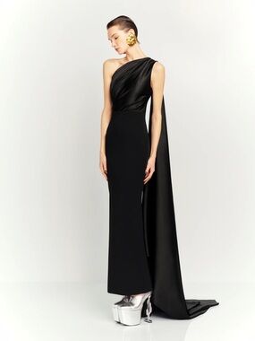 Solace London One-Shoulder Black Evening Gown with Drape